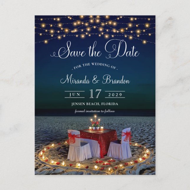 Eleganter String Lights Beach Summer Save the Date Ankündigungspostkarte (Vorderseite)