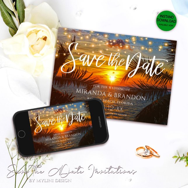 Eleganter String Lights Sommer Sunset Wedding Beac Save The Date (Von Creator hochgeladen)