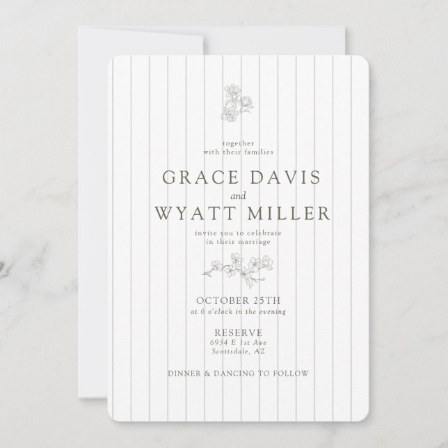 Eleganter Stripe Vintag Classic Olive Green Weddin Einladung (Vorderseite)