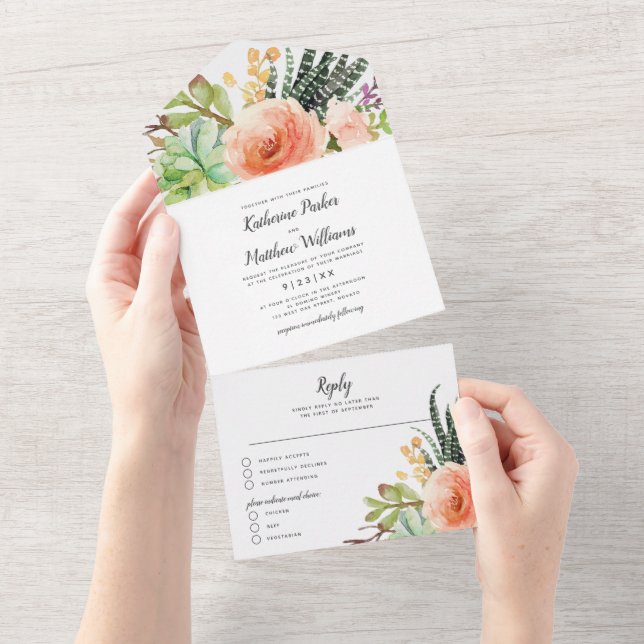 Eleganter Succulent Garden Boho Wedding All In One Einladung (Abreißen)