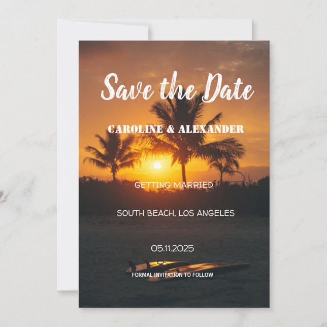 Eleganter Summer Sunset Beach Tropical Wedding Ret Save The Date (Vorderseite)