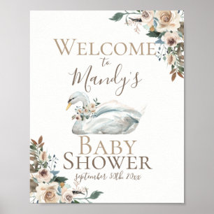 Eleganter Swan Floral Neutral Baby Shower Willkomm Poster