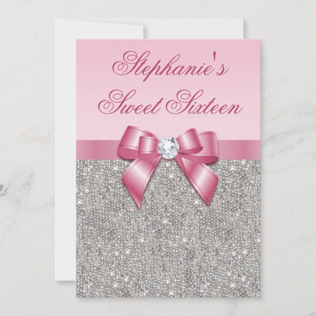 Eleganter Sweet 16 Imitat Silver Sequins Pink Bow Einladung (Vorderseite)
