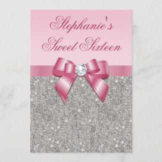 Eleganter Sweet 16 Imitat Silver Sequins Pink Bow Einladung