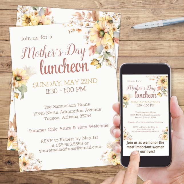 Eleganter Tag der Mutter mit Sonnenblumen Einladung (Elegant Sunflower Mother's Day Luncheon Brunch or Social Event Invitation)
