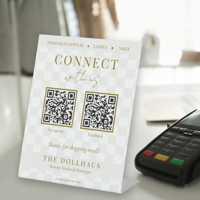 Eleganter Tan Checkered Gold Connect mit US QR Cod Sockelschild (Von Creator hochgeladen)