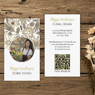 Eleganter Tan- und Weiß-Blumen-Photo-QR-Code-Logo Visitenkarte