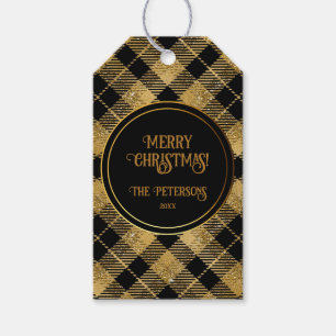 Eleganter Tartan Black Gold Glitzer Geschenkanhänger