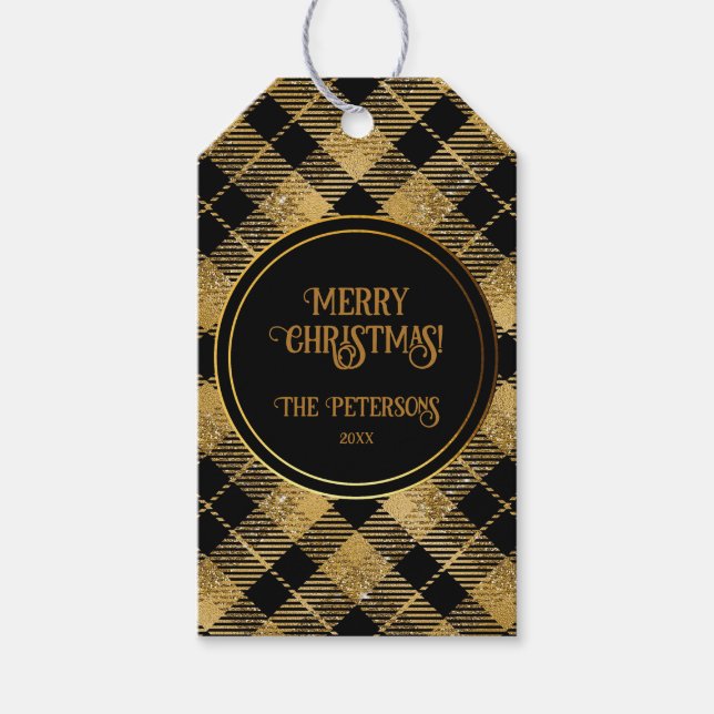 Eleganter Tartan Black Gold Glitzer Geschenkanhänger (Vorderseite)