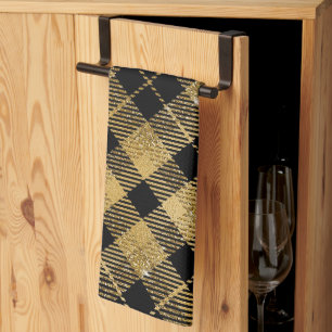 Eleganter Tartan Black Gold Glitzer Geschirrtuch