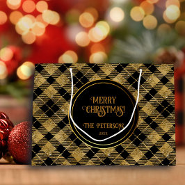 Eleganter Tartan Black Gold Glitzer Große Geschenktüte