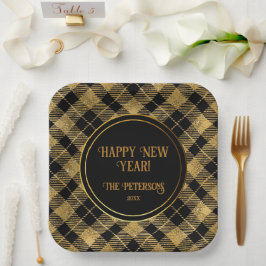 Eleganter Tartan Black Gold Glitzer Pappteller