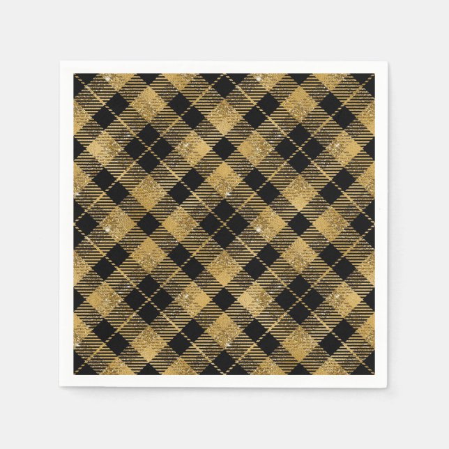 Eleganter Tartan Black Gold Glitzer Serviette (Vorderseite)