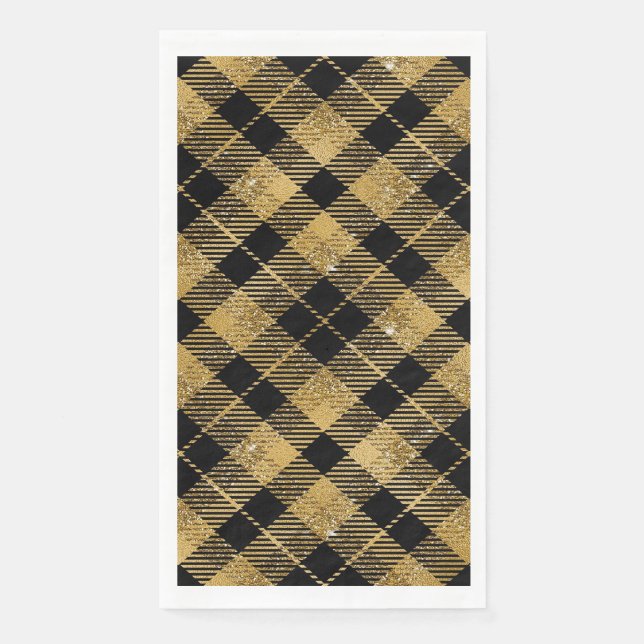 Eleganter Tartan Black Gold Glitzer Serviette (Vorderseite)