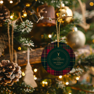 Eleganter Tartan-Karo Frohe Weihnachten Familienna Keramik Ornament