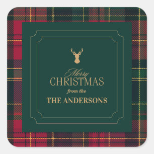 Eleganter Tartan-Karosticker Frohe Weihnachten Fam Quadratischer Aufkleber