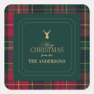 Eleganter Tartan-Karosticker Frohe Weihnachten Fam Quadratischer Aufkleber