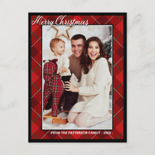Eleganter Tartan Style Frohe Weihnachtsfamilie Fot Postkarte
