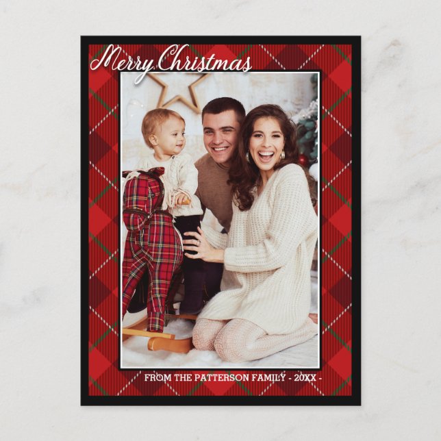 Eleganter Tartan Style Frohe Weihnachtsfamilie Fot Postkarte (Vorderseite)