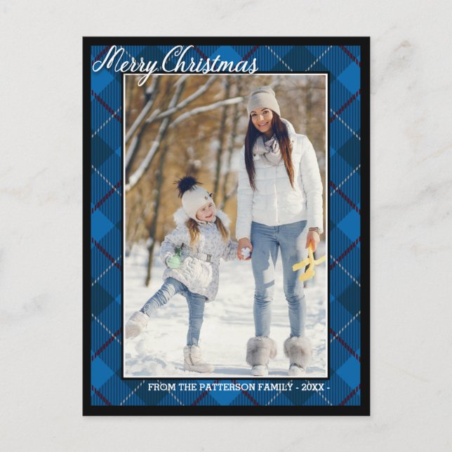 Eleganter Tartan Style Frohe Weihnachtsfamilie Fot Postkarte (Vorderseite)