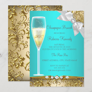 Eleganter Teal Blau Gold Weiß Champagner Brunch Einladung