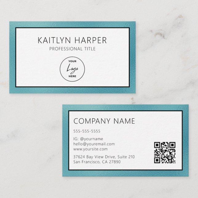 Eleganter Teal-Folien-Logo mit QR-Code Visitenkarte (Vorne/Hinten)
