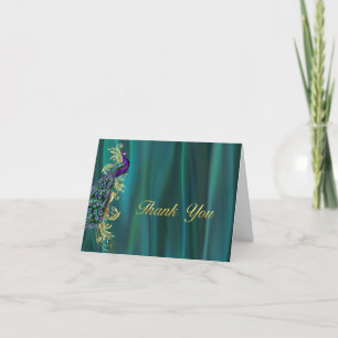 Eleganter Teal-Satin und Pfau-Hochzeits-Dankeschön Dankeskarte