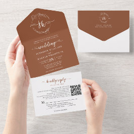 Eleganter Terracotta Monogram QR Code Wedding All In One Einladung