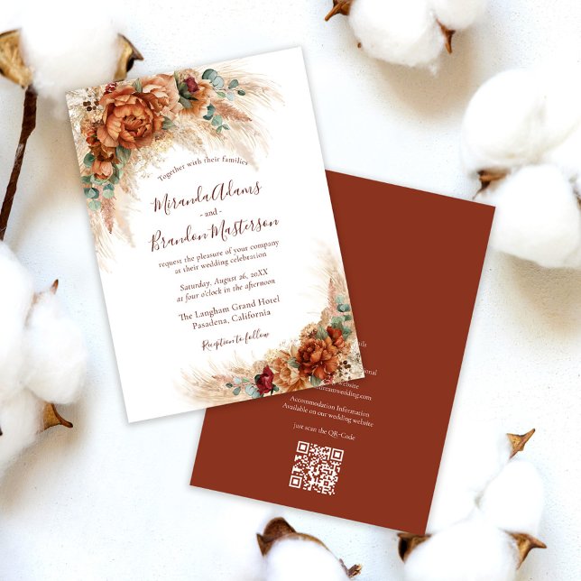 Eleganter Terrakotta-QR-Code-Blumen-Boho-Hochzeit Einladung (Von Creator hochgeladen)