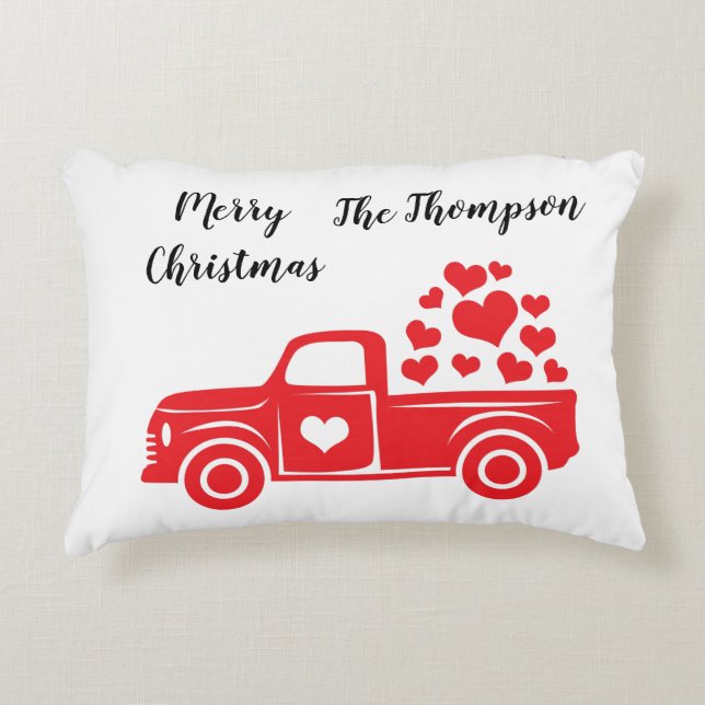 Eleganter Text mit roten LKW-Familiennamen auf wei Dekokissen (Vorderseite)