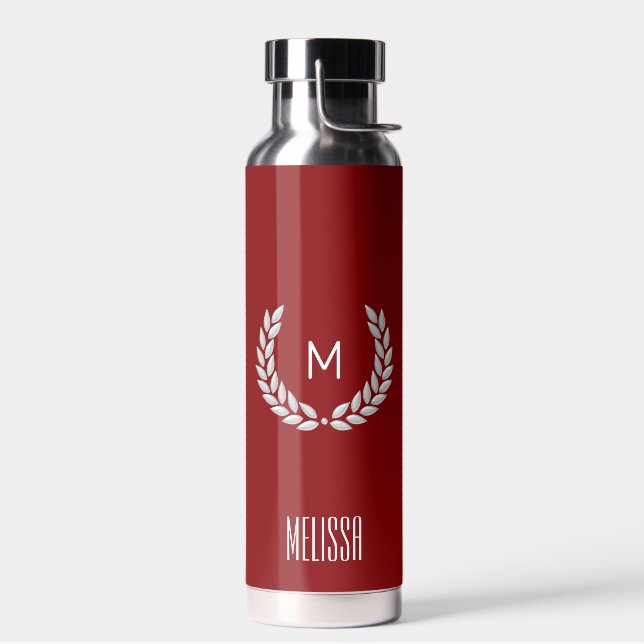 Eleganter Text, Monogramm und Silberlaurel Wreath Trinkflasche (Links)