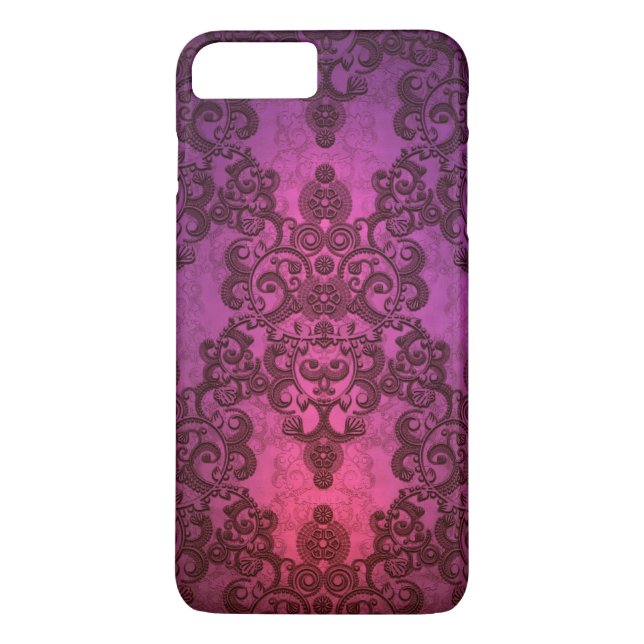 Eleganter Tiefglühender Rosa und Lila Damast Case-Mate iPhone Hülle (Rückseite)