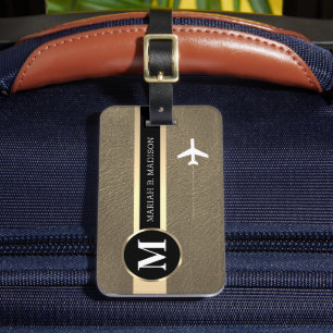 Eleganter Traveller Gold Metal & Leather Mit Monog Gepäckanhänger
