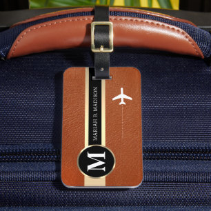 Eleganter Traveller Gold Metal & Leather Mit Monog Gepäckanhänger