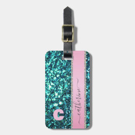 Eleganter Trendy Aquamarin Strip Glitzer Mit Monog Gepäckanhänger