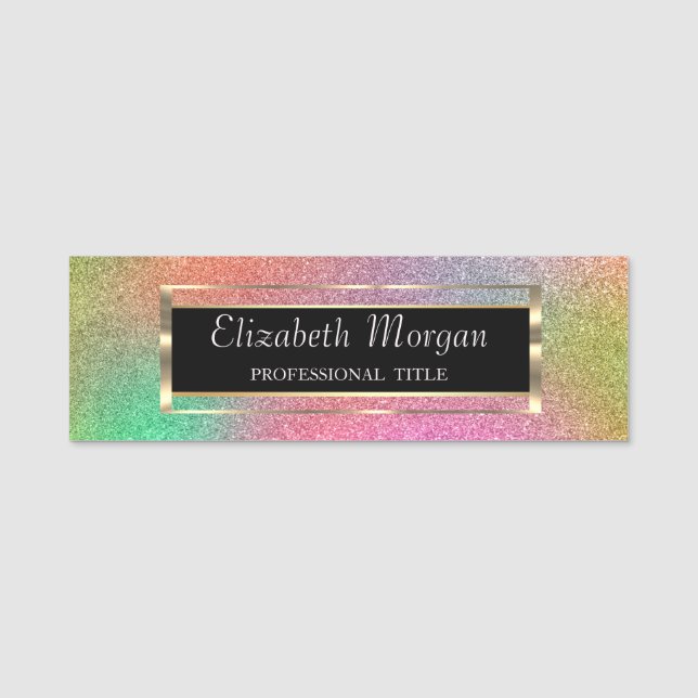 Eleganter Trendy, Goldrahmen, farbenfroher Glitzer Namensschild (Vorderseite)