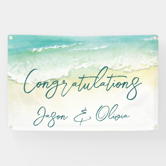 Eleganter Tropical Beach Hochzeit Herzlichen Glück Banner (Horizontal)