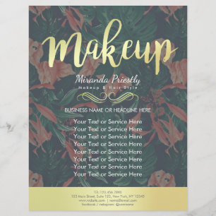 Eleganter Tropical Floral Gold Script Makeup Salon Flyer