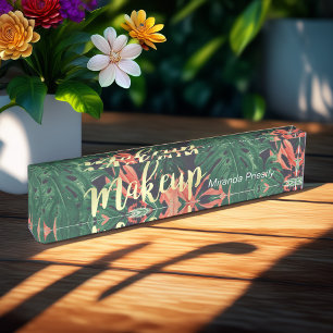 Eleganter Tropical Floral Gold Script Makeup Salon Namensplakette