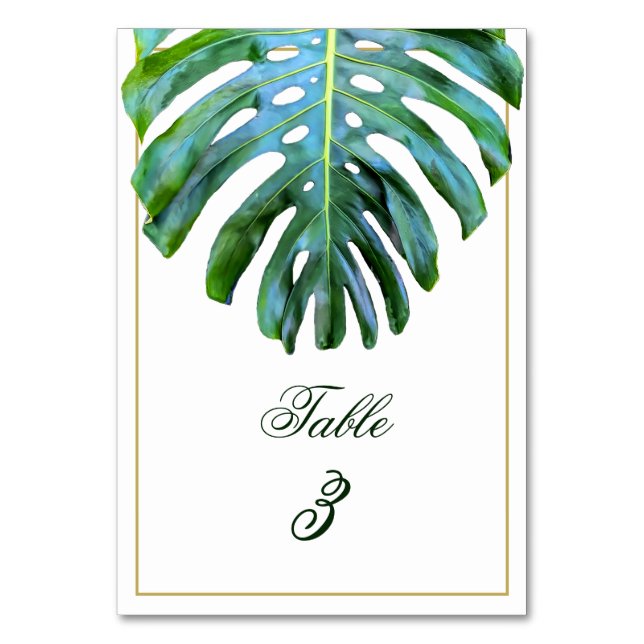 Eleganter Tropical Monstera Leaf Green Gold Beach Tischnummer (Vorderseite)
