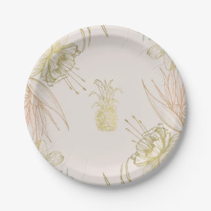 Eleganter Tropischer Botanischer Floraler Goldrosé Pappteller