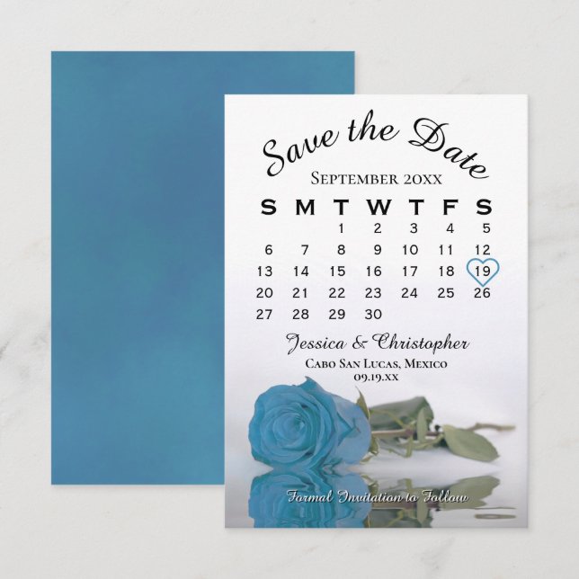 Eleganter Türkis Blue Rose Hochzeitskalender Save The Date (Vorne/Hinten)