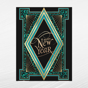Eleganter Türkis-Gold-Art-Deco-Neujahr Feiertagspostkarte