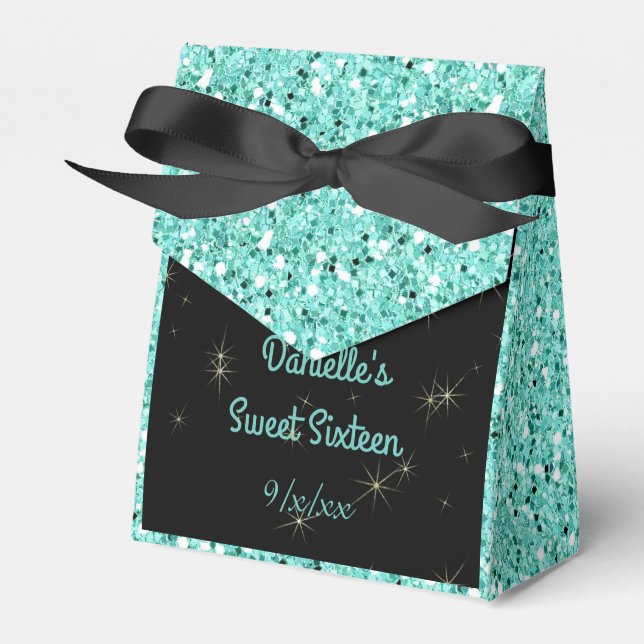 Eleganter türkisfarbener Glitzer, 16 . Geburtstag, Geschenkschachtel (Vorderseite)