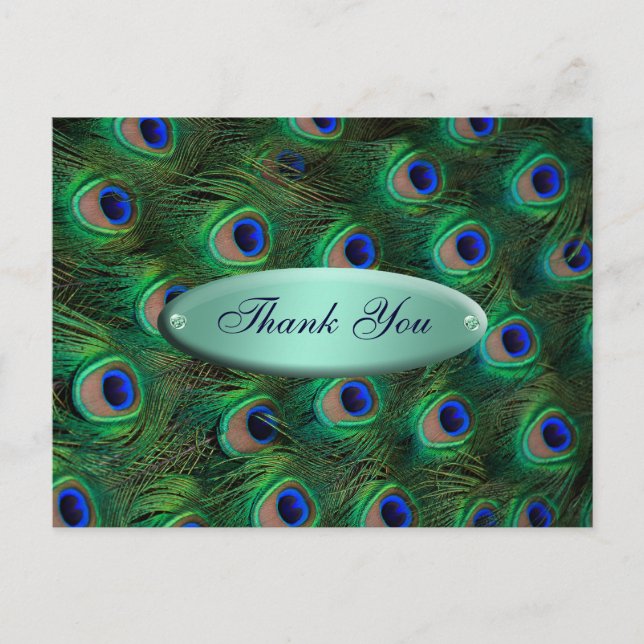 eleganter türkisfarbener Pfau Danke Postkarte (Vorderseite)
