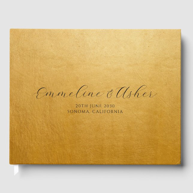 Eleganter Typ Skriptserif Custom Gold Wedding Gästebuch (Vorderseite)