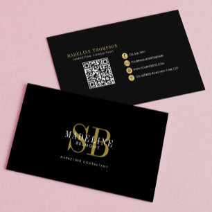 Eleganter Typografie Monogram Black Gold QR Code Visitenkarte