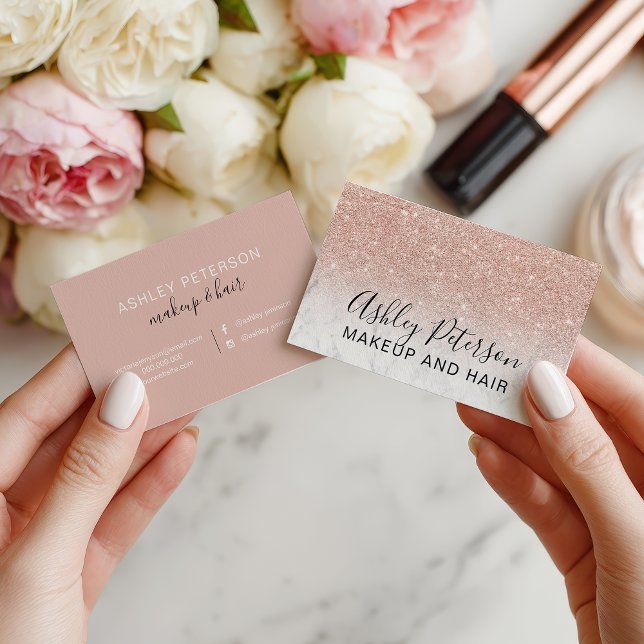 Eleganter typografischer Marmor Rose Gold Glitzer Visitenkarte (Makeup elegant typography marble rose gold glitter business card)