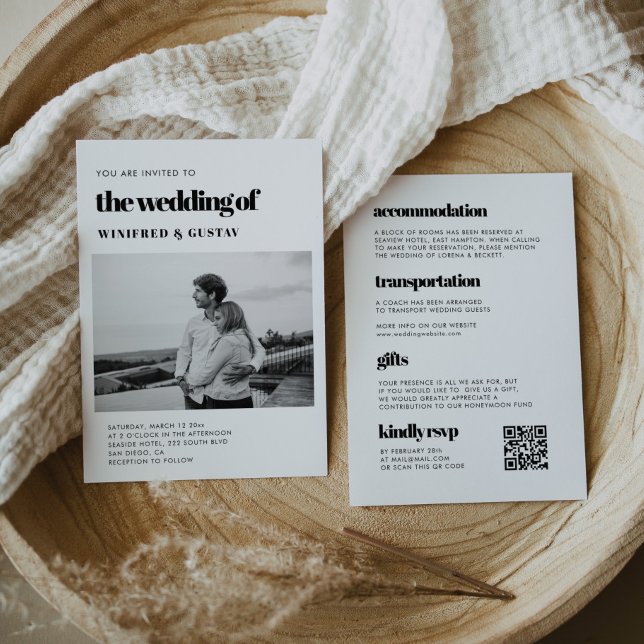 Eleganter UAWG QR-Code in einem Hochzeitsszenario- Einladung (Chic elegant RSVP QR code all in one wedding photo Invitation)