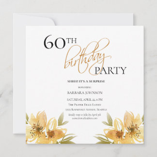 Eleganter Überraschungsgelbe Flora 60. Geburtstag Einladung